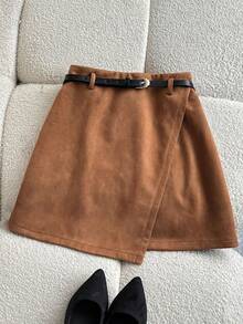 SHEIN Franclia Falda casual versátil de talle alto 2 en 1 con cinturón, otoño/invierno - Marrón - Ver 6