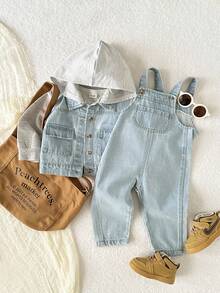 Playful Pals Baby Boys' Denim Jacket And Adjustable Strap Jeans Set, Casual Lightweight Washed Denim Outfit With Hoodie, Pockets, Button Decoration, Soft Cotton Fabric, Suitable For Everyday, Party, School, Autumn/Winter - Light Wash - View 8