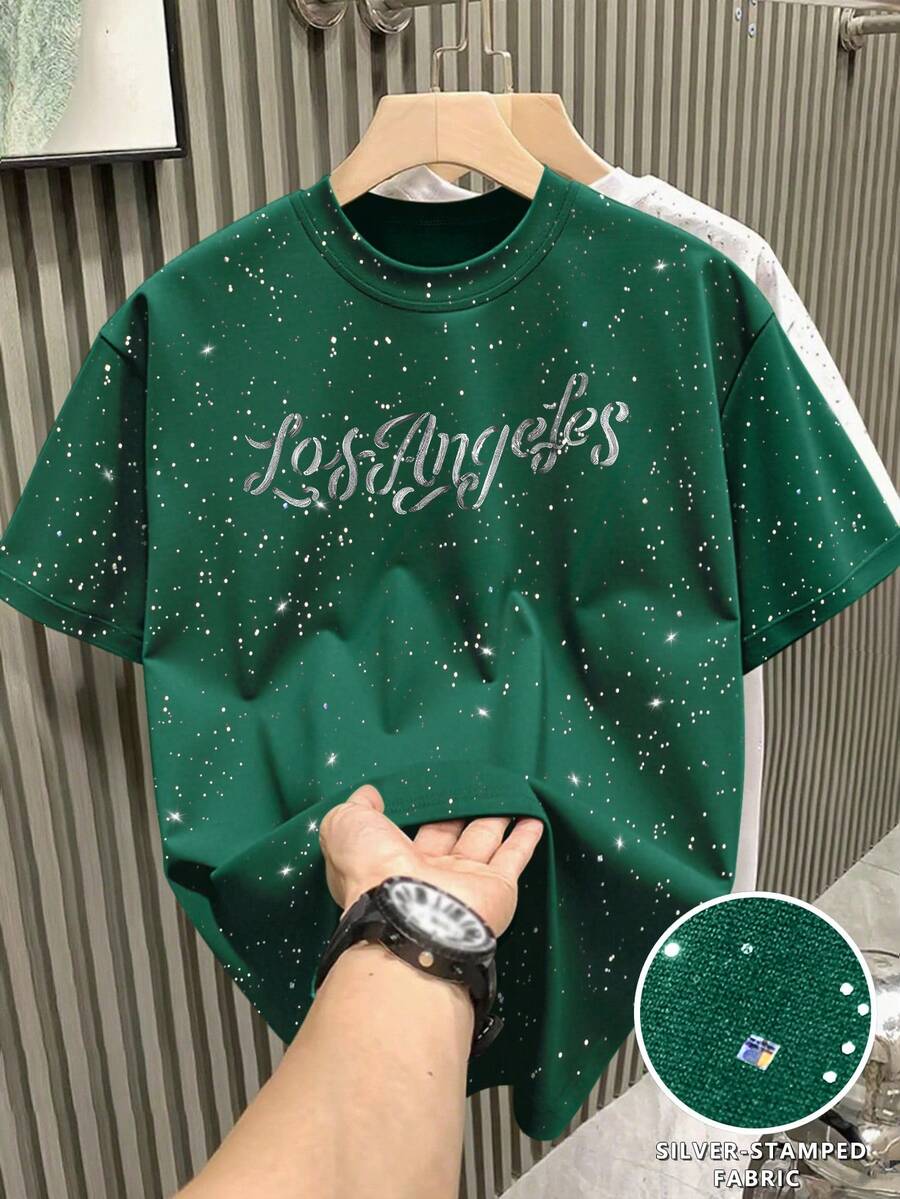 Manfinity Hypemode Men's Letter Print Round Neck Casual Versatile Short Sleeve T-Shirt - Dark Green - View 1