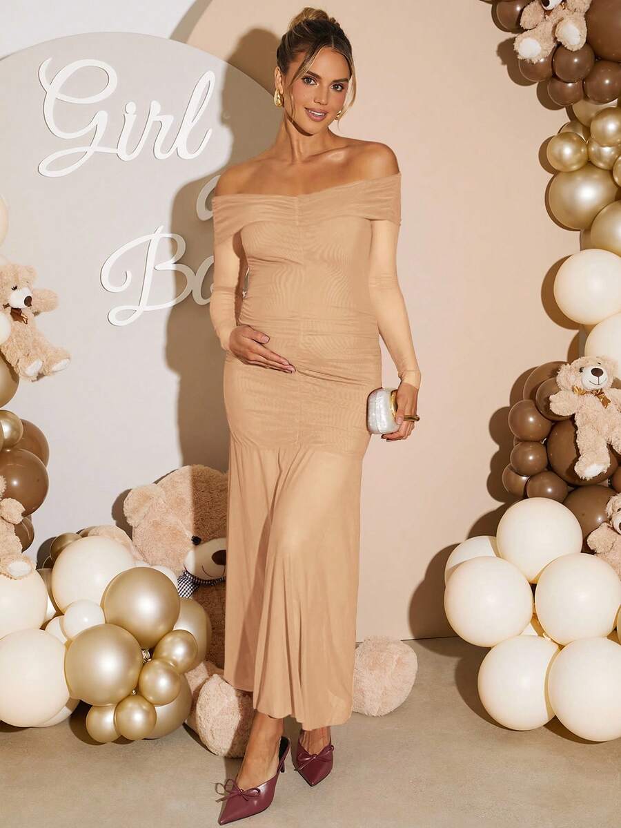 Loomaby Elegant Off-Shoulder Long Maternity Dress For Party, Beige Two Piece Sets,Pregnancy Photoshoot Dress,Babyshower,White,Autumn Maternity Dress - Apricot - View 1