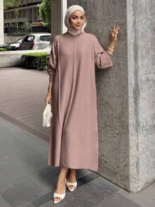 DAZY 女式纯色简约长袖毛衣裙，休闲日常穿着 - 粉色 - 查看 4