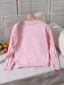 Sparklyn Girls' Elegant Cute Sweet Round Neck Pullover Chunky Knit Sweater, Pink With Bow Detail, Suitable For Autumn/Winter