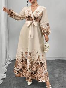 Modelyn 大码印花优雅连衣裙，交叉裹身式前襟，灯笼袖，收腰设计 - 杏色 - 查看 6