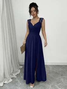 Rafferiza French Elegant Lace Trim V-Neck Pleated Waist Open Slit A-Line Long Dress, Khaki, Suitable For Daily Wear, Banquet, Wedding, Spring/Summer - Navy Blue - View 5