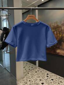 Camiseta para mujer estilo casual playa estampado letras BE BEACH tela suave oversize cuello redondo manga corta primavera/verano uso diario crop top - Azul Marino - Ver 2