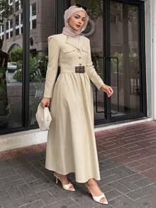 DAZY Vestido largo de unicolor elegante con cintura ceñida, adecuado para vestir de manera modesta para ir al trabajo - Albaricoque - Ver 6