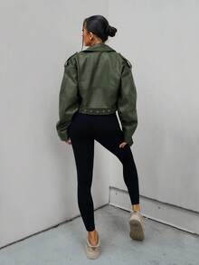 SAYEHFBABY 女士时尚拉链立领机车夹克，秋季 - 軍綠色 - 查看 2
