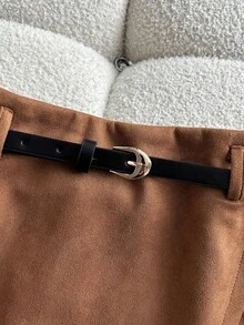 SHEIN Franclia Falda casual versátil de talle alto 2 en 1 con cinturón, otoño/invierno - Marrón - Ver 4
