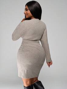 SHEIN PETITE CURVE Plus Size Long Sleeve Ruched Waist Elegant Ribbed Short Dress For Women/Christmas Dress - Black - View 2