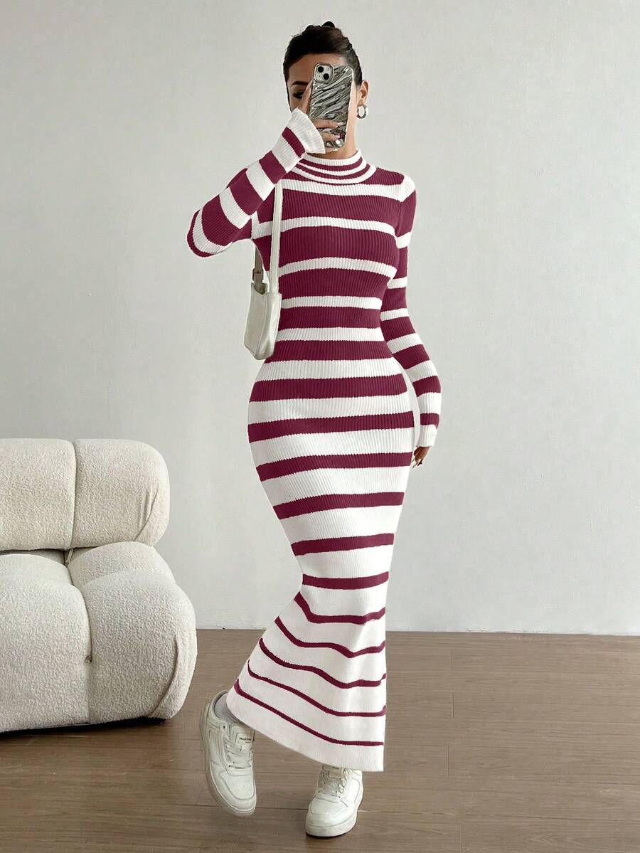 SHEIN Unity 休闲百搭撞色条纹长款毛衣连衣裙 - 彩色 - 查看 1