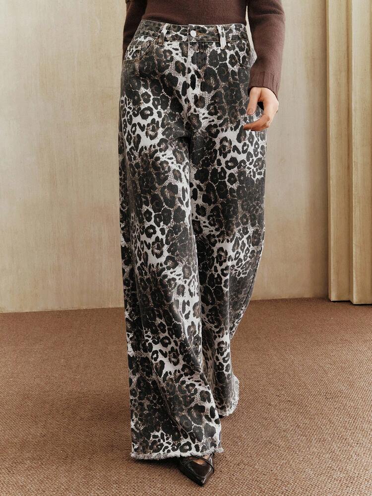 Women's High Waist Pockets Leopard Print Wide Leg Loose Fashion Jeans