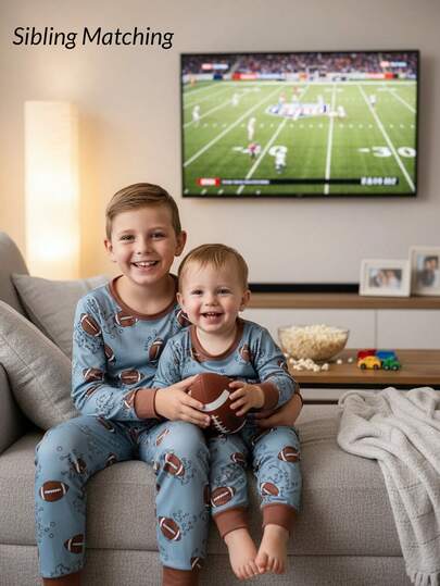 2pcs Young Boy Football Graphic Print Crew Neck Long Sleeve Top And Pants Knit Fabric Comfortable Stretchy Tight Fit Pajama Set