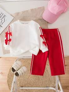SHEIN 2pcs Baby Girl Cute Sports Casual Bow Knit Long Sleeve Sweatshirt & Elastic Waist Pants Set - Red and White - View 1