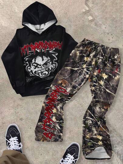 Bolty 2pcs Teen Boy Teen Boy Casual Everyday Versatile Comfortable Printed Pattern Hooded Pullover Sweatshirt Straight Loose Sweatpants Knitted Two Pieces Sweatshirt Suit Suitable For Autumn And Winter