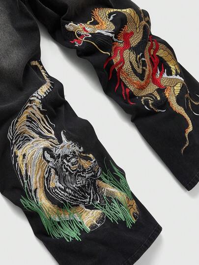 Street Life Jeans casuales anchos y sueltos con bolsillo bordado con dragón chino para hombres