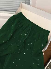 GlowEve Celana Jogging Wanita Model Lurus dengan Hiasan Rhinestone, Pinggang Tinggi, Tali Serut, Potongan Longgar - Dark Green - View 4