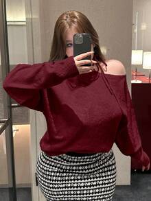 Dazy Plus 大码女式纯色斜肩露肩宽松针织套头毛衣，秋冬款