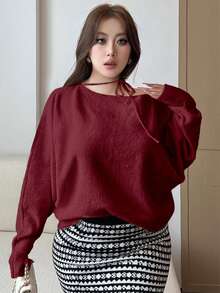 Dazy Plus 大码女式纯色斜肩露肩宽松针织套头毛衣，秋冬款