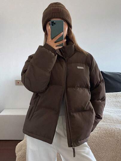 Livesso Women's Casual Letter Graphic Patch Loose Fit Stand Collar Padded Coat, Fashion Street Style, Autumn/Winter