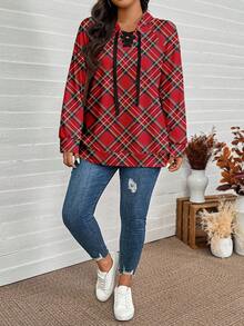 SHEIN LUNE Sudadera con capucha de manga larga de corte holgado con estampado a cuadros navideño para mujer talla grande, rojo para fiesta de Año Nuevo, top rojo, invierno para mujer, invierno para mujer, Año Nuevo, para Año Nuevo, mujer de Año Nuevo, a cuadros - Multicolor - Ver 4