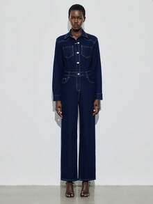 Maija Women's Autumn Long Sleeve Button Design Pocket Straight Leg Casual Denim Jumpsuit Old Money Style - Dark Wash - View 4