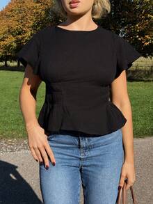 Bethéva Women's Solid Color Short Sleeve Shirt, Fashionable For Summer - Black - View 3