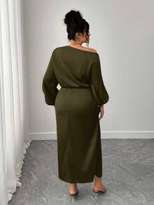 SHEIN Elenzya Plus Size Women Satin Asymmetric Ruffle Collar Cold Shoulder Ruched Waist A-Line Dress - Army Green - View 2
