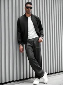 Manfinity Homme Men's Casual Popular New Jacket Outerwear, INS Combination Comfortable Ribbed Pocket Zipper Jacket Outerwear, Black Jacket Suitable For Hiking, Daily Matching, Gift For Boyfriend/Husband, Casual Wear, Y2K