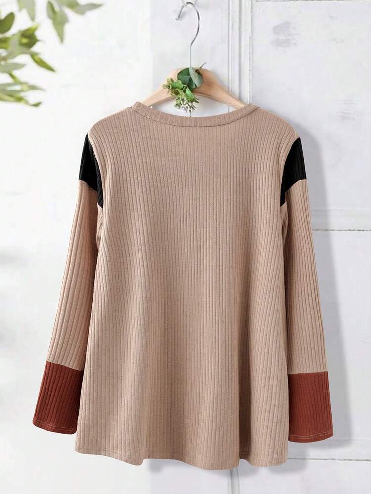 Plus Size Women's Colorblock Simple Round Neck Long Sleeve T-Shirt Brown Tops For Women Casual For Women Pullover For Women Long Sleeve Top Casual Blouses For Women