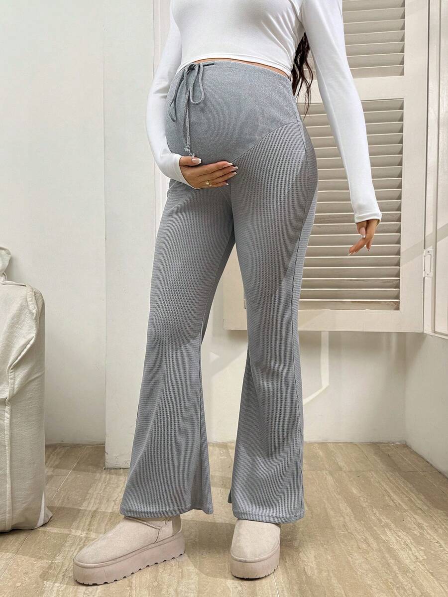 SHEIN Casual Comfortable Drawstring Waist Knitted Waffle Maternity Flare Pants - Grey - View 1