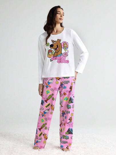 SCOOBY DOO Cartoon Pattern Round Neck Long Sleeve Top Pants Pajama Set, Sleeping Wear Women Schattige Sleep Dog Pyjama Women, Fall Clothes view 3