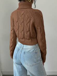 Elenzga Women's Casual Solid Color Cable Knit Turtleneck Sweater, Autumn/Winter - Coffee Brown - View 2