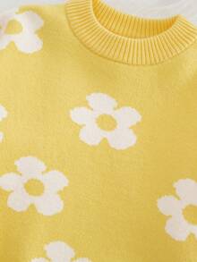 SHEIN Vintaside Kids 少女花卉图案圆领长袖休闲毛衣，秋冬 - 黃色 - 查看 6