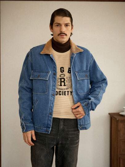 RivetRise 男士长袖牛仔夹克，多口袋设计，秋冬新款加厚法兰绒爸爸款蓝色牛仔夹克，适合工作、外出穿着，送给男友和老公