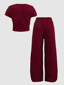 SHEIN Tween Girls' Casual Minimalist Comfortable Round Neck Short Sleeve Ruched Side Crop Top And Pants Set - Red - View 2