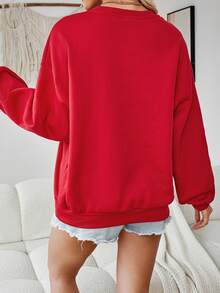 SHEIN LUNE Casual Minimalist Printed Pattern Crew Neck Loose Fit Thick Sweatshirt For Women, Suitable For Autumn/Winter, Red, Merry Christmas Graphic