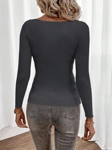 EMERY ROSE Boat Neck Ribbed Knit Sweater,Long Sleeve Tops In Fall/Winter,Fall,Fall Clothes For Women - Dark Grey - View 2