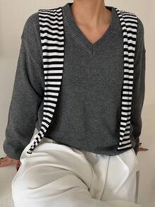 Dazy Plus 大码女式V领休闲宽松套头毛衣，通勤百搭，秋冬季 - 灰色 - 查看 5