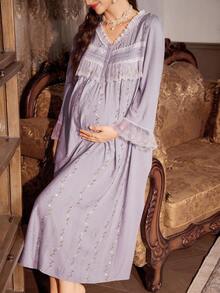PalaceNights Heavily Embroidered Patchwork V-Neck Half-Button Oversized Long Sleeve Maternity Nightgown, For Fall & Winter - Purple - View 5