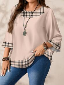 EMERY ROSE Áo kiểu nữ cỡ lớn, họa tiết kẻ caro phối màu, cổ tròn, tay lỡ dáng rộng, thích hợp cho Giáng sinh, mùa hè, áo mùa hè, năm mới, dành cho nữ dịp năm mới, phong cách thanh lịch, áo kiểu thanh lịch cho nữ. - Nhiều màu - Xem 5