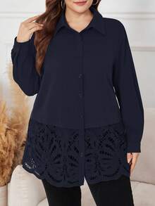 Lacomfia Plus Size Lace Patchwork Long Sleeve Casual Commuter Versatile Shirt - Navy Blue - View 3