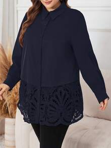 Lacomfia Plus Size Lace Patchwork Long Sleeve Casual Commuter Versatile Shirt - Navy Blue - View 6