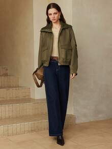 EMERY ROSE Áo khoác đi làm thường ngày bằng da giả có túi khóa kéo dành cho nữ - xanh quân đội - Xem 2