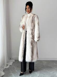 Selianne Áo khoác da giả dài thẳng không cổ lông thú thời trang thanh lịch dành cho nữ - Nhiều màu - Xem 5