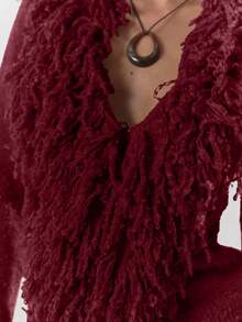 MUSERA Knit Shaggy Trim Fitted Cardigan Sweater Cosy Fluffy Cute Casual Coffee Club Winter Spring Valentines Day - Burgundy - View 6