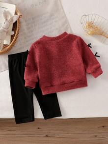 SHEIN Newborn Casual Autumn/Winter Fashion Knitted Bow Jacket And Solid Color Pants Set - Burgundy - View 3