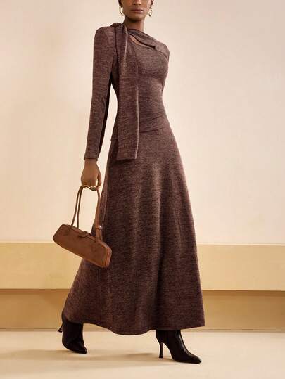 Zivah Women's 2025 Autumn/Winter New Music Festival, Easter, St. Patrick's Day, Western, Nomadic Style, Birthday Party, Graduation, Elegant Party Long Sleeve Tie Neck Fitted T-Shirt And Long A-Line Skirt 2-Piece Set