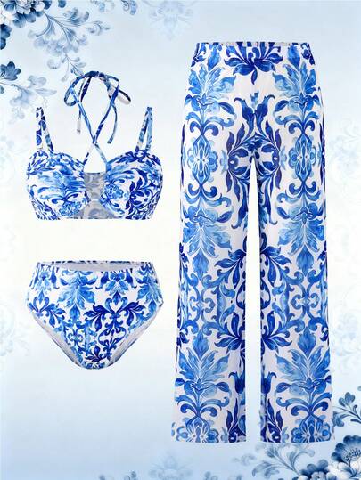 Swim Oasis Plus Size Women's Print Summer Vacation Casual Beach 3-Piece Bikini Set With Tie Strap