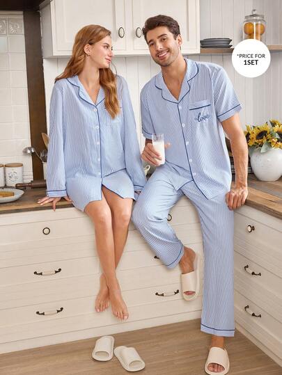 CoupledUp Bubble Crinkle Striped Trim Cardigan Men's Pajama Set Cotton Sleepwear Men Pjs Set Matching Pajama Set Couple Sleep Wear Set Light Blue Pj Set