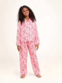 Conjunto de Pijama Meninas SUMWON Estampa de Bengala de Doce Manga Longa Botão na Frente Roupa de Dormir Feriado de Natal para Casual e Férias - Rosa chiclete - Visão 2
